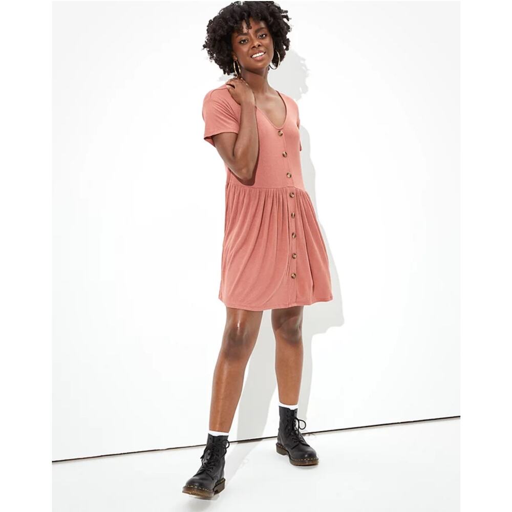 American Eagle Button Up Babydoll Mini Dress WMNS S Rust Pleated Knitted V-neck